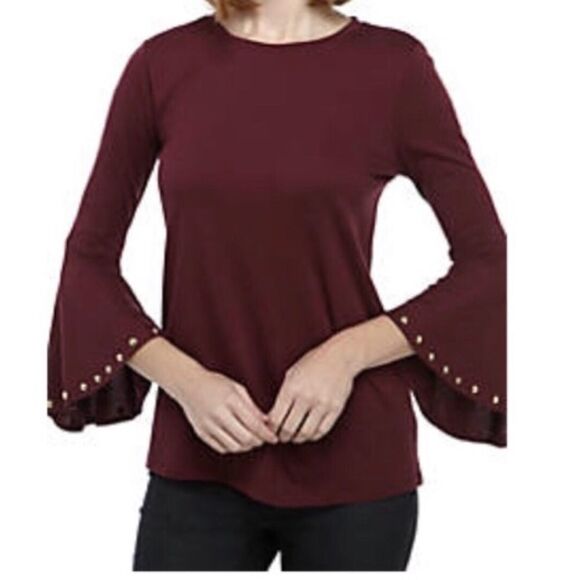 Michael Kors Merlot Gold Studs Flare Sleeves Top - Picture 1 of 8